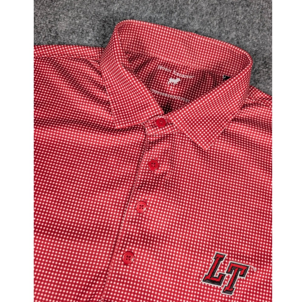 Horn Legend Polo Shirt Mens‎ L Red Gingham Performance Luxury w/ Logo